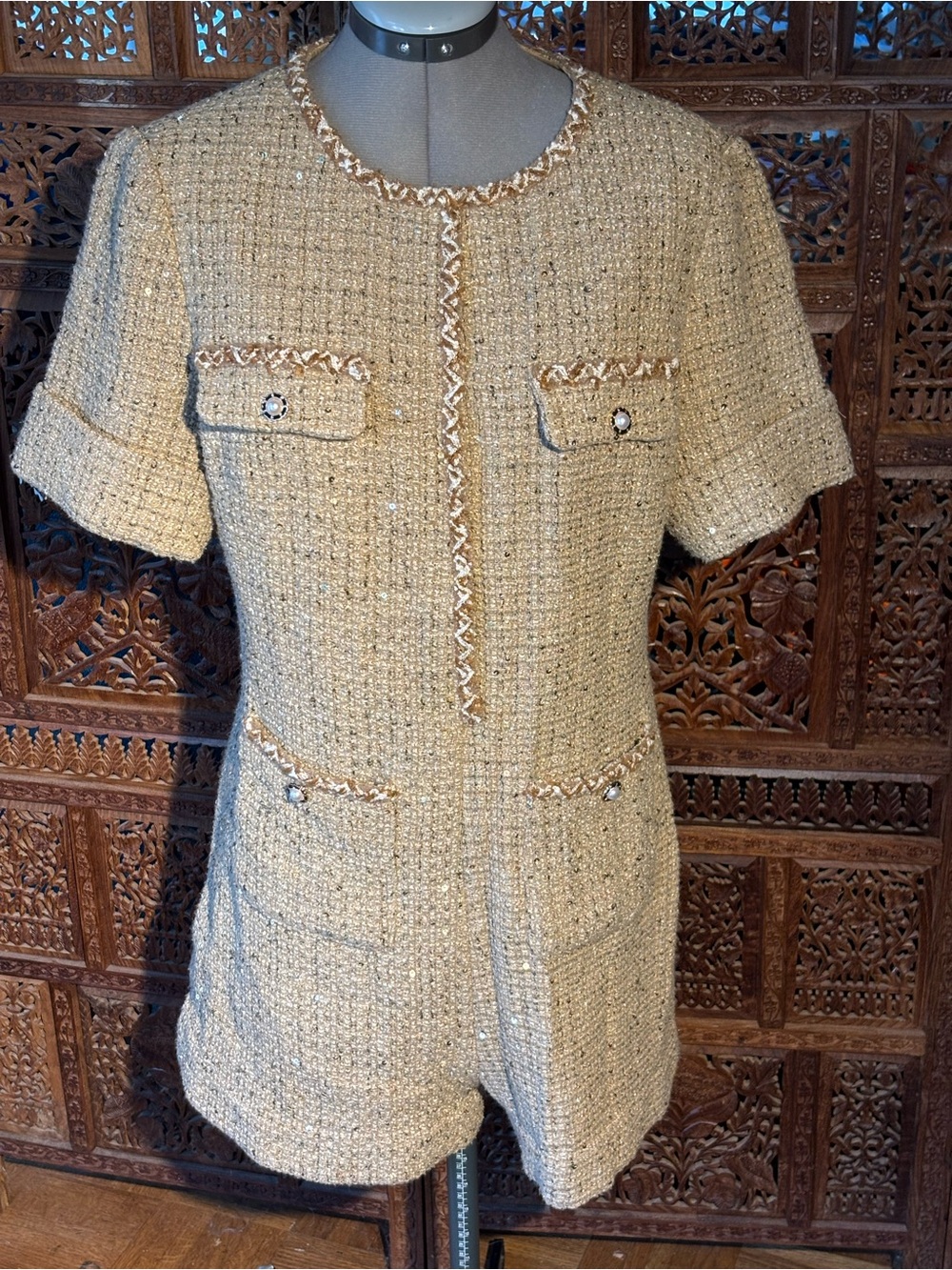 Vintage Look Anewsta Short-Sleeve Tweed shorts suit in Beige